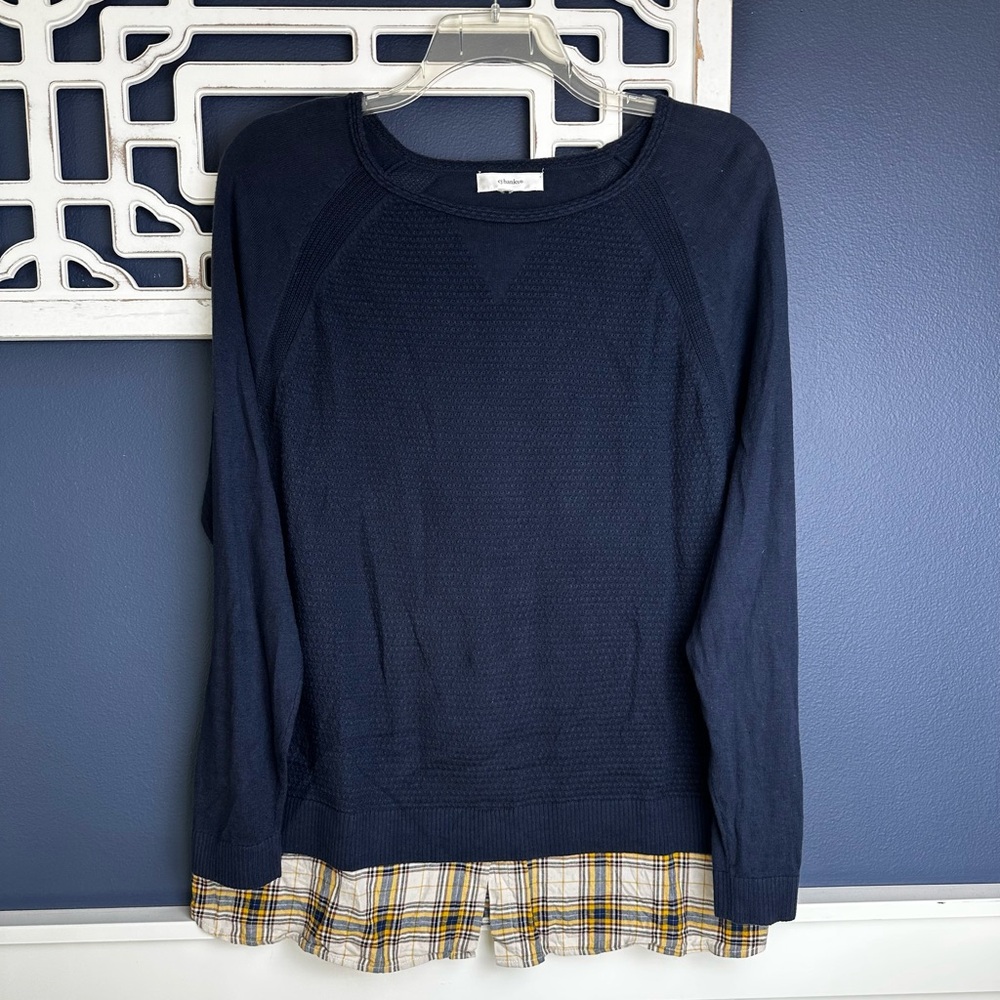 CJ Banks Navy Sweater with Yellow Plaid Hem. 2X